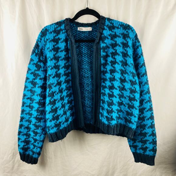 Zara Blue Houndstooth Chunky Blue Black Open Cardigan Size Large Slouchy Preppy - Picture 3 of 9
